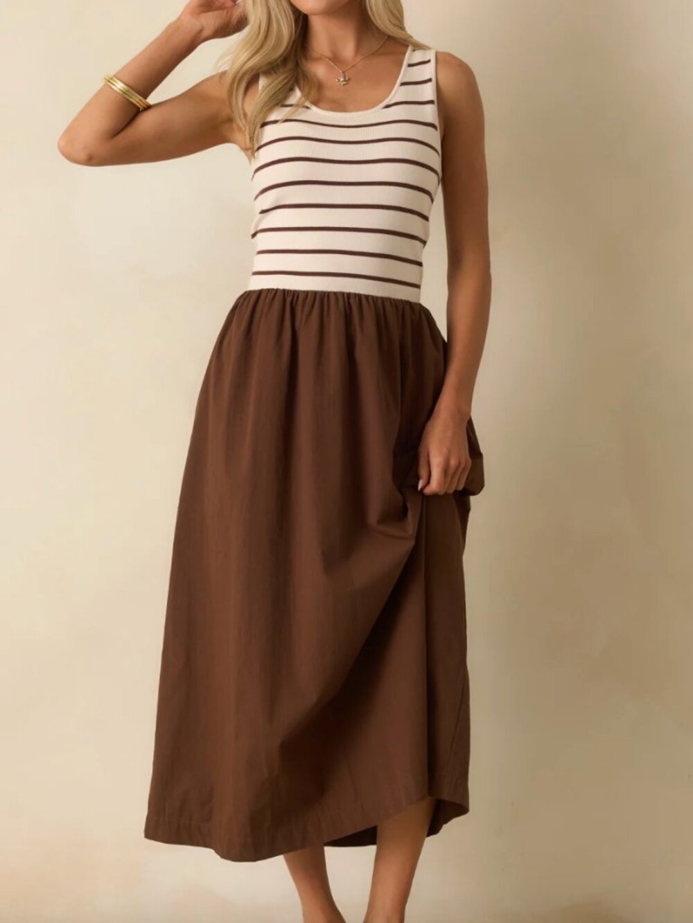 Moon River Mixed Media Women’s Brown Maxi Dress with Striped Knit Bodice